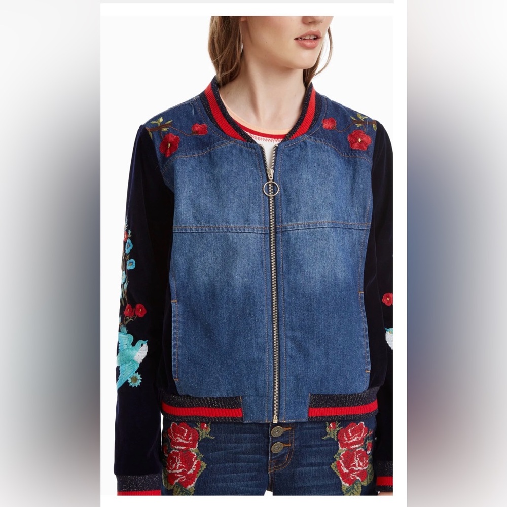 NEW📍Desigual Tottori  Embroidered Bomber Jacket velvet & Denim 40 medium - Picture 5 of 16